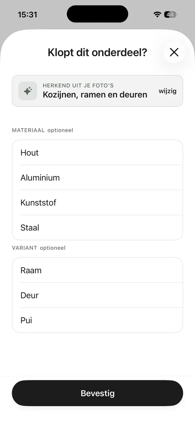 Kadero-app herkent het bouwdeel automatisch uit de foto: kozijnen, ramen en deuren