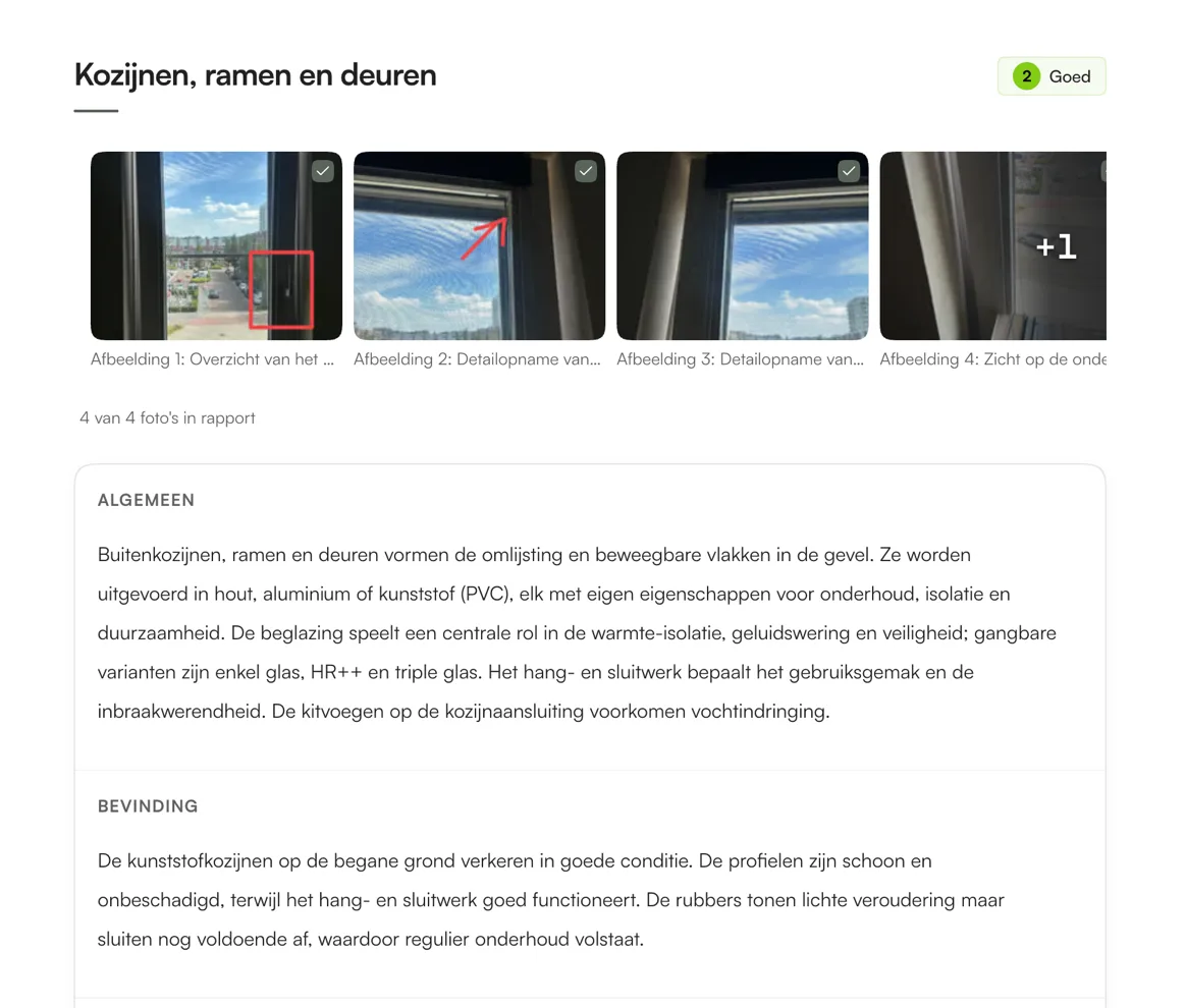 Doorlopende webeditor van Kadero met bevindingen, foto’s en conditiescore, klaar om op te leveren